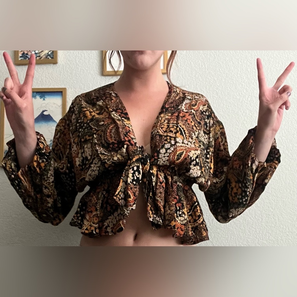 Urban Outfitters Brown and Black Puff Sleeve Crop Blouse